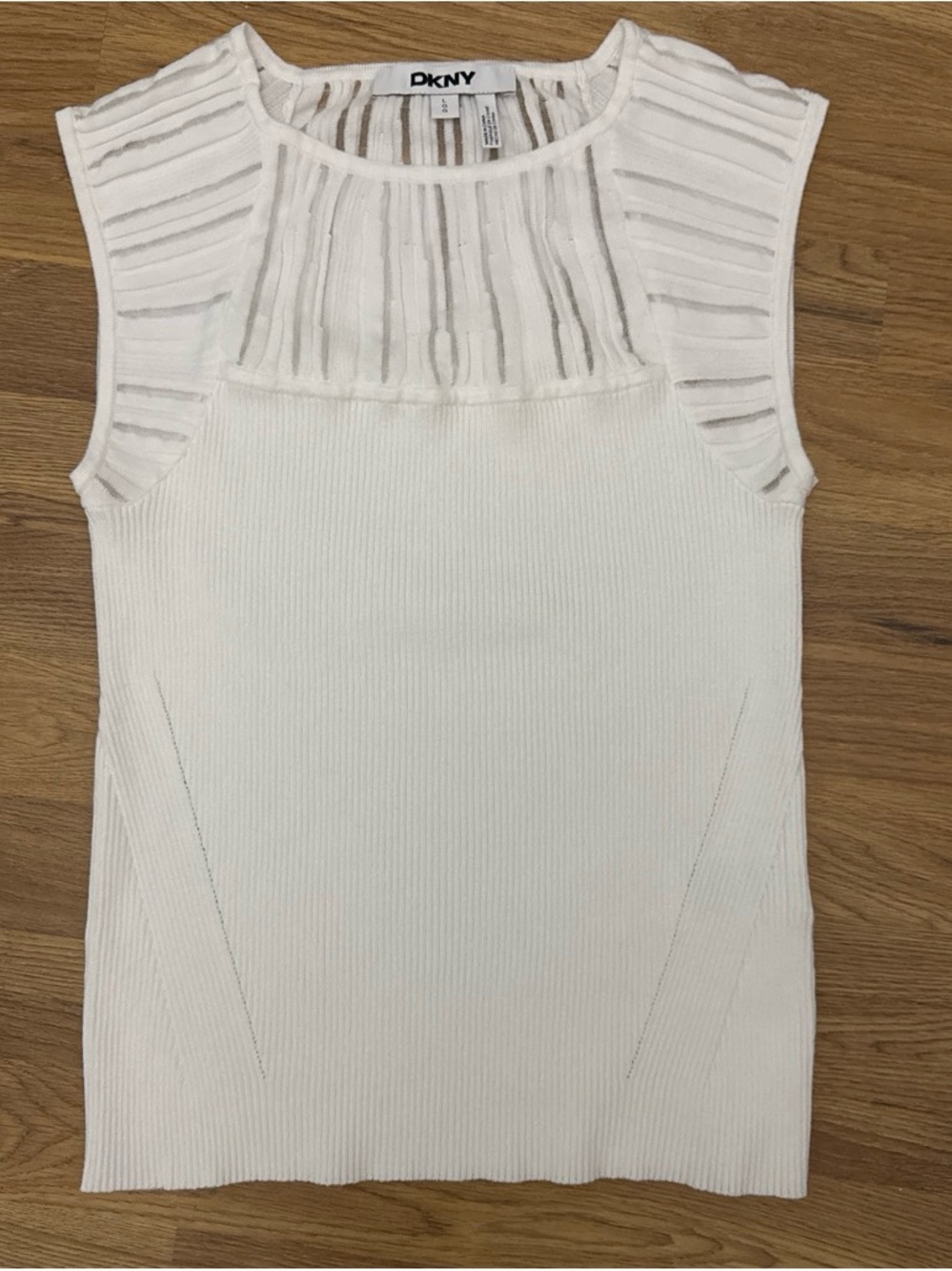 DKNY White Ribbed Tank with Sheer Striped Yoke